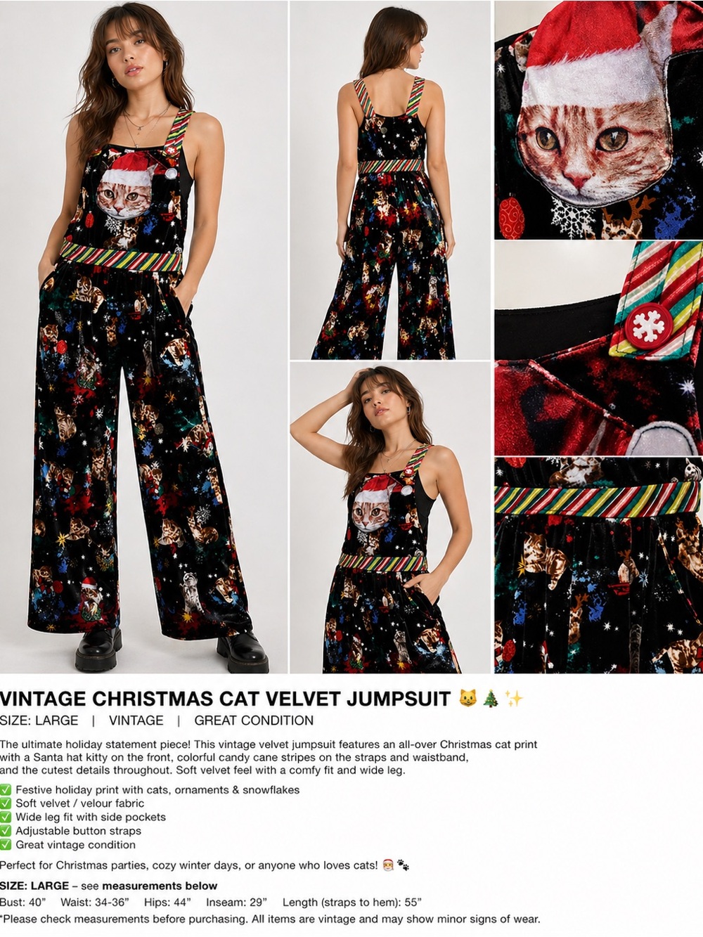 Vintage Christmas Cat Velvet Jumpsuit L Holiday Cats Santa Wide Leg Cute Festive